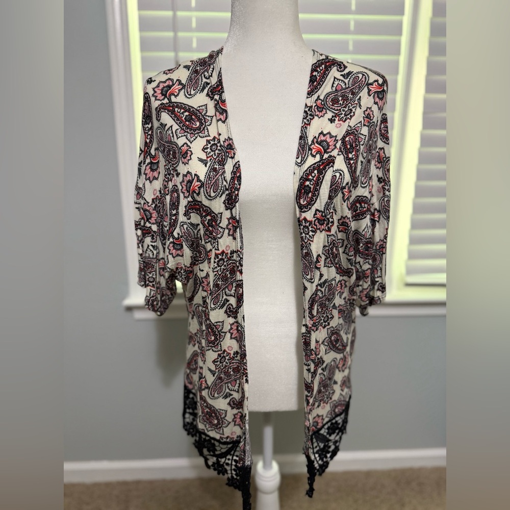 Paisley Open-Front Light Weight Cardigan - Black and Pink